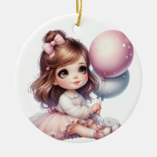 DÉCORATION EN CÉRAMIQUE PETITE FILLE DANS UNE ROBE AVEC BALLON ROSE