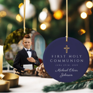 Décoration En Céramique Photo Blue Religieux Croix Boy First Communion