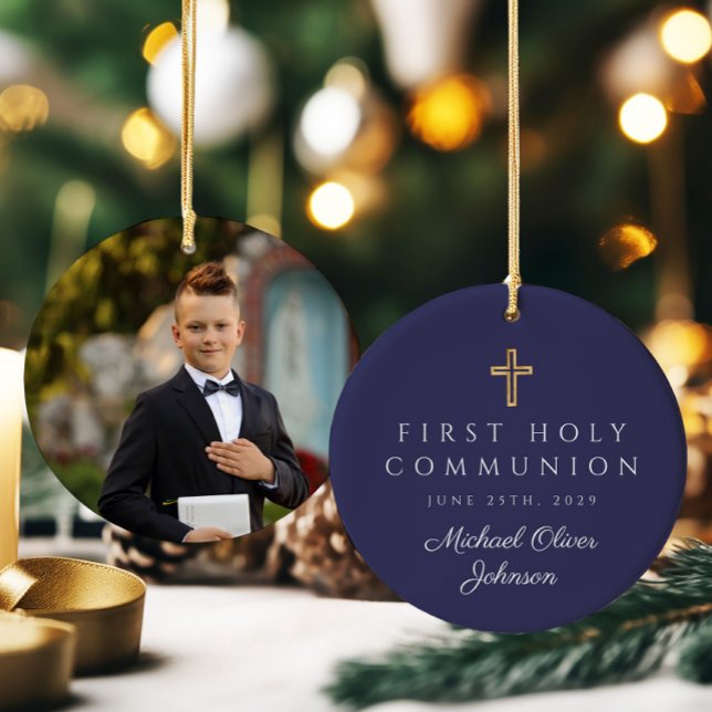 Décoration En Céramique Photo Blue Religieux Croix Boy First Communion (Photo Blue Religious Cross Boy First Communion Ceramic Ornament)