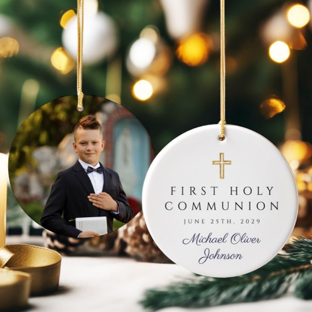 Décoration En Céramique Photo Blue Religieux Croix Boy First Communion (Photo Blue Religious Cross Boy First Communion Ceramic Ornament)