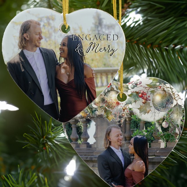 Décoration En Céramique Photo Coeur double face et joyeux (Engaged & Merry Christmas Ornament with Engagement Photo by Darling & May)