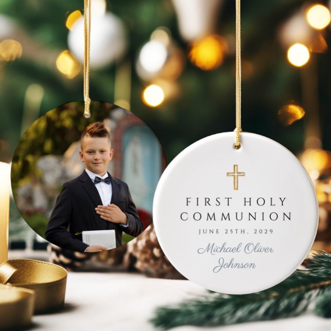 Décoration En Céramique Photo Croix Religieuse Garçon Première Communion (Photo Religious Cross Boy First Communion Ceramic Ornament)