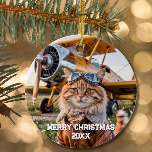 Décoration En Céramique Photo d'aviation drôle d'avion pilote chat de Noël
