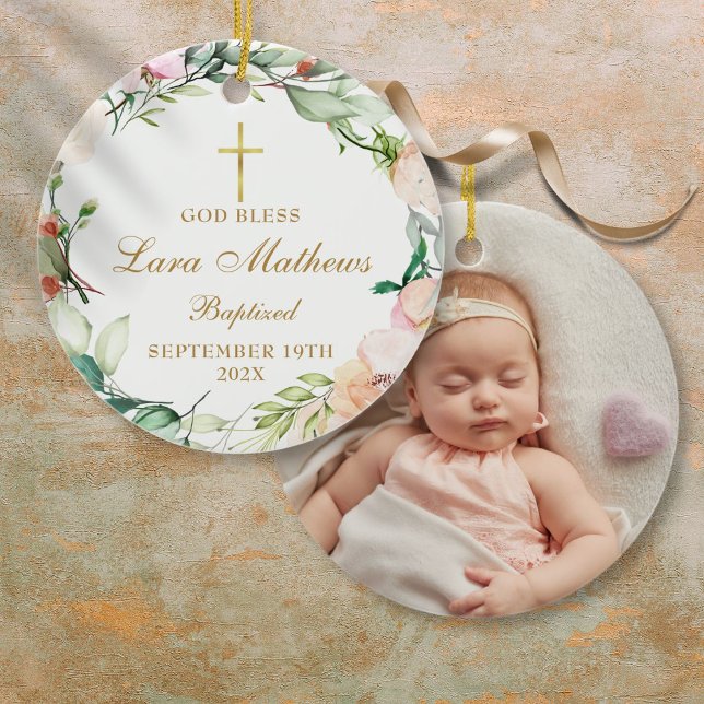 Décoration En Céramique Photo de Baptême Personnalisée pour Garçon ou Fill (Personalized Boy Girl Baptism Photo Roses Floral Ceramic Ornament)