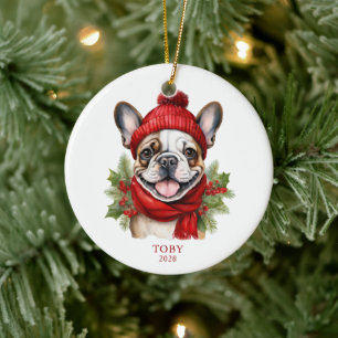 Décoration En Céramique Photo de bouledogue français de Noël à l'aquarelle