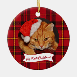 Décoration En Céramique Photo de chat Écossais tartan rouge Noël premier 