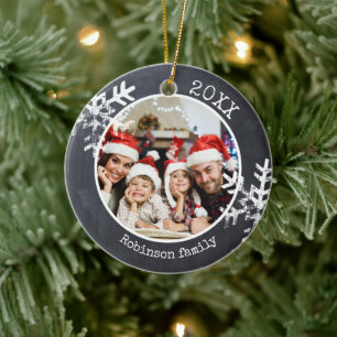 Décoration En Céramique Photo de famille de Noël au tableau noir flocon de