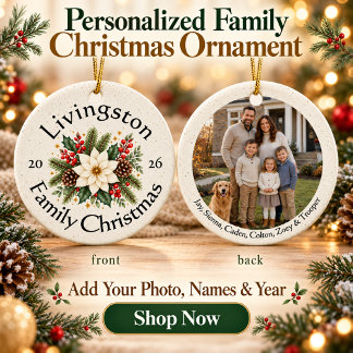 Décoration En Céramique Photo de famille personnalisé avec poinsettia blan