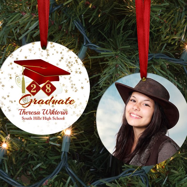 Décoration En Céramique Photo de fin d'études Red et Gold 20xx (Red and Gold Graduate Photo Ceramic Ornament)
