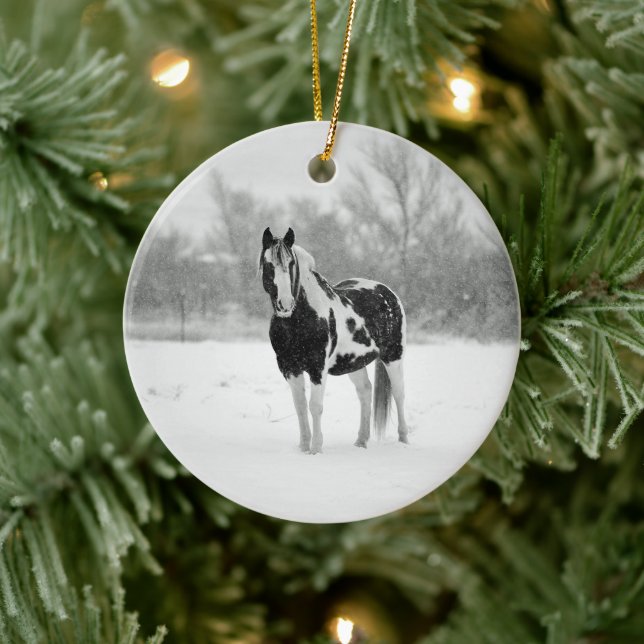 Décoration En Céramique Photo de Horse Black and White Snow (Arbre)