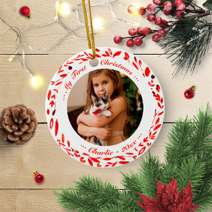 Décoration En Céramique Photo de Noël de chat de compagnie premier Noël Co