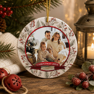 Décoration En Céramique Photo de Noël Evergreen, Holly, Baies Rouges