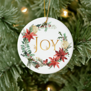 Décoration En Céramique Photo de Noël "Joie" avec pin enneigé et épinette