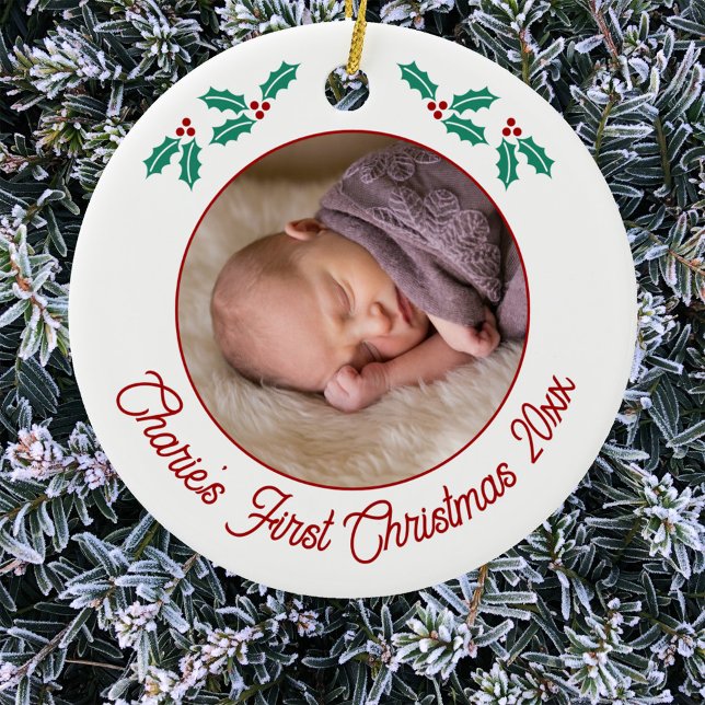 Décoration En Céramique Photo de Noël personnalisée Baby First (Personalized baby name first Christmas year photo ornament)