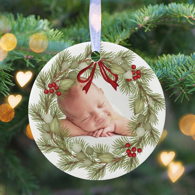 Décoration En Céramique Photo de Noël Verdure Wreath Holly Berries (Christmas holiday photo wreath circle ceramic ornament.)