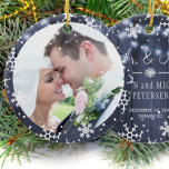 Décoration En Céramique Photo First Christmas as Mr and Mrs rustic winter<br><div class="desc">First Christmas Mr and Mrs elegant personalized keepsake photo personalized tree ornament featuring snowflakes and lights on a dark navy blue barn wood background.             A pretty keepsake gift for newlyweds.</div>