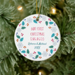 Décoration En Céramique Photo First Christmas Engagé Winter Woodland<br><div class="desc">Décor photo personnalisé pour votre premier Noël engagé. Ce design folksy a votre photo d'un côté et un art folklorique, une frontière boisée de l'autre. Le modèle est prêt pour vous à ajouter votre propre photo, vos noms et l'année. Le texte dit : "Notre premier Noël engagé". Votre photo est...</div>