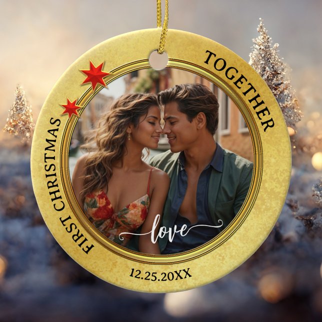 Décoration En Céramique Photo First Christmas Together Gold Star (Christmas ornament featuring your photo framed by an elegant gold metallic design with red stars)