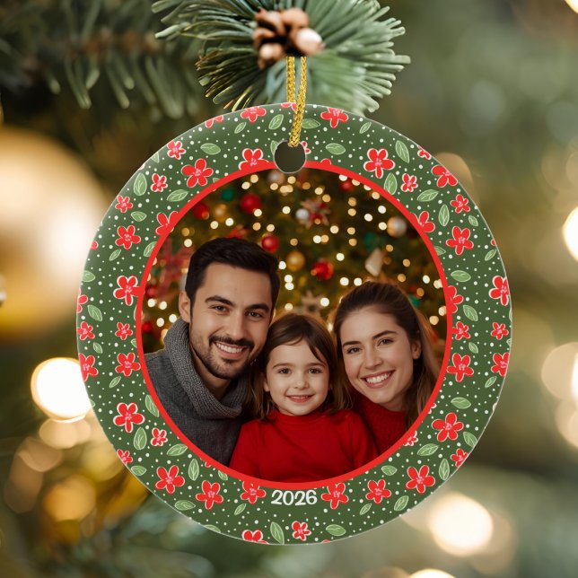 Décoration En Céramique Photo florale personnalisée moderne rouge et vert (Modern Floral Round Photo Ornament)