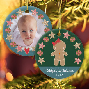 Décoration En Céramique Photo Green First Christmas Gingerbread Baby Girl