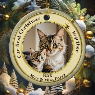 Décoration En Céramique Photo Green Gold First Christmas Together Cat
