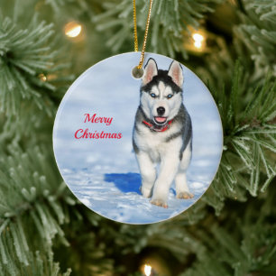 Décoration En Céramique Photo Husky Puppy Neige Noël