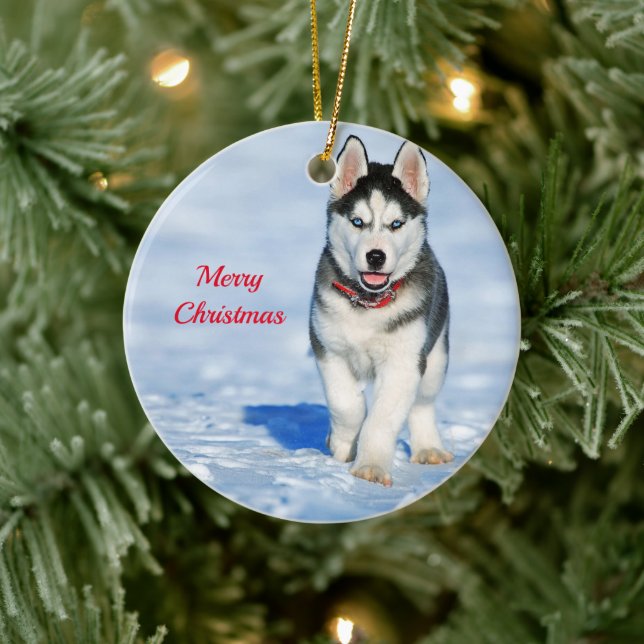 Décoration En Céramique Photo Husky Puppy Neige Noël (Arbre)
