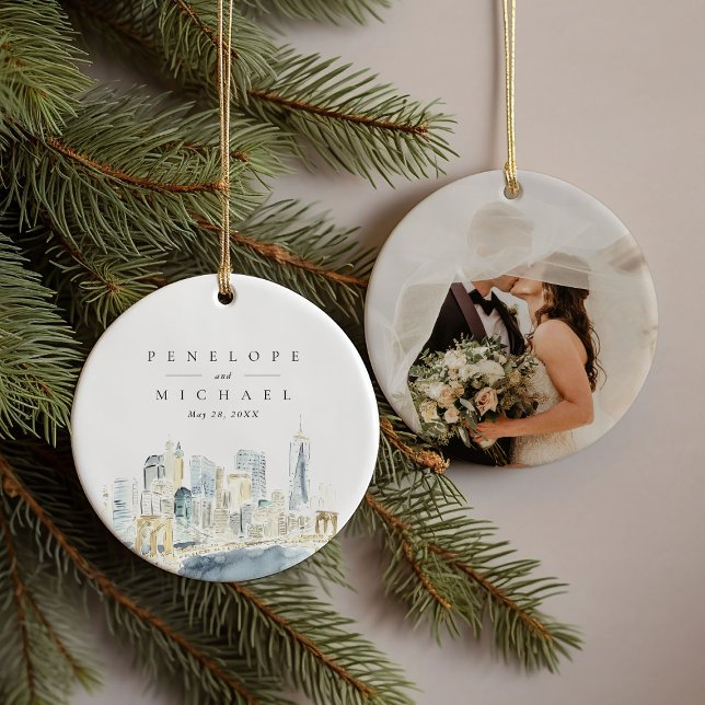 Décoration En Céramique Photo Mariage Skyline de New York (New York City Watercolor Skyline Wedding Photo Ceramic Ornament)