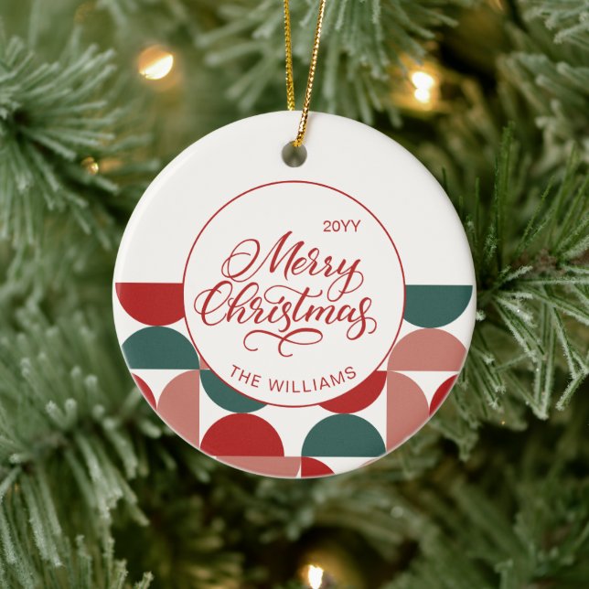 Décoration En Céramique Photo Motif géométrique de Noël rouge personnalisé (Arbre)