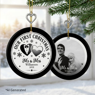 Décoration En Céramique Photo personnalisé de Noël élégant en noir et blan