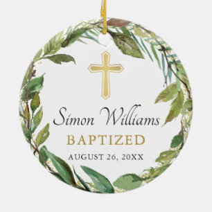Décoration En Céramique Photo personnalisée Gold Green Wreath Baptême