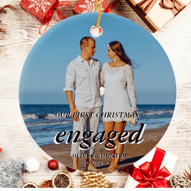 Décoration En Céramique Photo personnalisée Premier Noël Engagé Script noi (Créateur téléchargé)