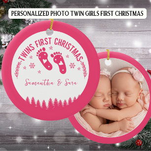 Décoration En Céramique Photo Personnalisée Twin Girls First Christmas