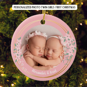 Décoration En Céramique Photo Personnalisée Twin Girls First Christmas