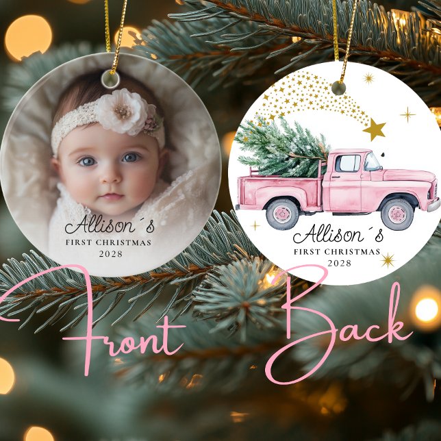 Décoration En Céramique Photo Premier Noël pour bébé - Camion rose (Photo Baby's First Christmas - Pink Truck with Christmas tree & Stars Ceramic Ornament)