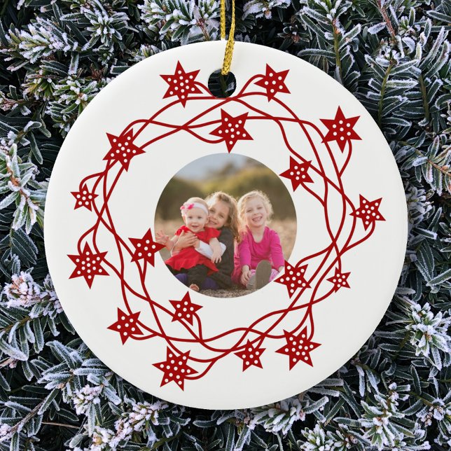 Décoration En Céramique Photo Star Wreath Scandinave (Scandinavian red and white star wreath photo Christmas ornament)