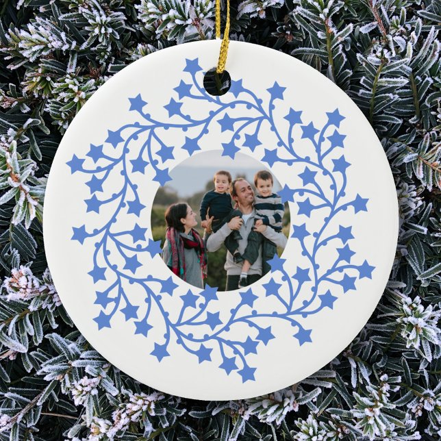 Décoration En Céramique Photo Star Wreath Vacances scandinaves (Modern Scandinavian star wreath garland personalized photo Christmas holiday ceramic ornament)
