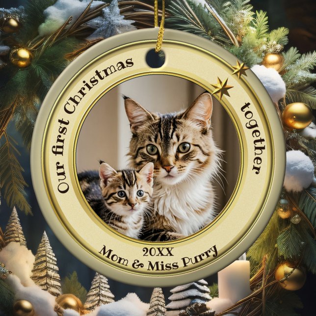Décoration En Céramique Photo Vert Or Premier Noël Ensemble Chat  (Elegant ornament featuring your custom photo framed by a pastel green gold design with stars)