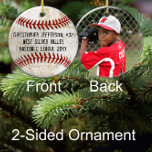 Décoration En Céramique Photo Vintage Baseball à deux côtés Enfants garçon<br><div class="desc">Bal de baseball de style antique vintage avec une image d'effet de grunge patinée. Ajoutez votre photo à l'arrière et le texte à l'avant de cette balle de baseball personnalisée Noël, Vacances, ou Auto Ornement de voiture. Caractéristiques noir, rouge et blanc baseball sur le devant avec votre nom, numéro et...</div>