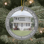 Décoration En Céramique Photos de la maison Premiers Noël Nouveau Nom et a<br><div class="desc">Célébrez la joie de votre nouvel endroit avec une photo personnalisée 2 "Premier Noël dans notre nouvelle maison" ornement céramique gris et blanc rond. L'écriture et les images sur ce modèle sont simples à personnaliser. (AVIS DE CONCEPTION D'IMAGE ET DE TEXTE : 1) Pour ajuster la position du libellé, ajoutez...</div>