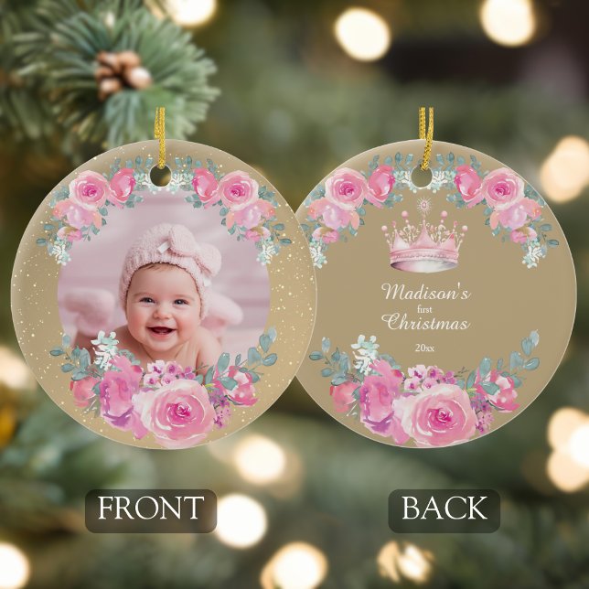 Décoration En Céramique Pink Floral Baby Girl First Christmas (baby girls first christmas personalized photo pink gold floral ornament with custom name and year)