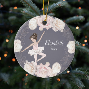 Décoration En Céramique Pink Floral Ballerina Brown Hair Girl Personalized