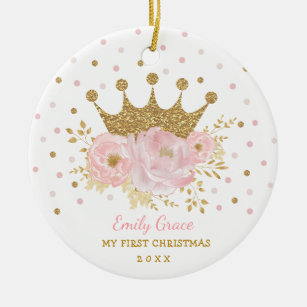 Décoration En Céramique Pink Gold Crown Princess Baby 1er Premier Noël