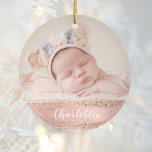 Décoration En Céramique Pink Gold Glam Custom Girl Baby Photo personnalisé<br><div class="desc">Cet élégant ornement est une excellente façon de montrer votre photo préférée de la nouvelle petite fille dans la famille. Remplacez facilement l'échantillon de photo par le vôtre, puis personnalisez-le en ajoutant le nom du bébé en écriture manuscrite blanche sur les touches rose pâle et fausse feuille d'or. Et cadeau...</div>