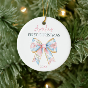 Décoration En Céramique Pink Gold Personnalisé Bow Baby Girl 1er Noël