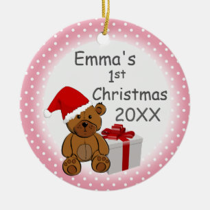 Décoration En Céramique Pink Polka Dot Baby's First Christmas Custom Year
