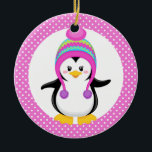 Décoration En Céramique Pink Polka Dot Winter Penguin Girl<br><div class="desc">Un joli dessin hivernal illustrant un mignon manchot de fille portant un casquette de ski rayé et coloré avec des  avec un arrière - plan à motifs de polka rose et blanc.</div>