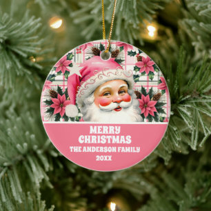 Décoration En Céramique Pink Retro Santa Claus Noël Floral Plaid