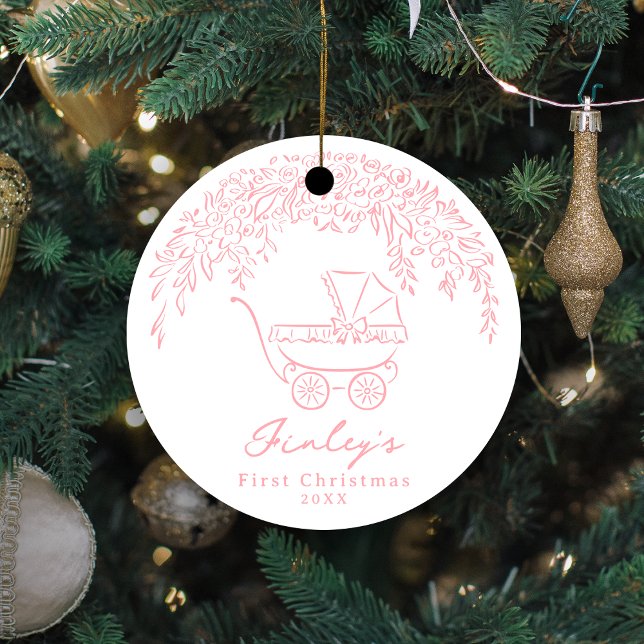 Décoration En Céramique Pink Whimsical Stroller Baby's First Christmas (Pink Whimsical Stroller Baby's First Christmas Ceramic Ornament)