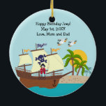 Décoration En Céramique Pirate kid birthday<br><div class="desc">This product is for kids that love pirates and piracy stories. It feesta cute little pirate boy that has arrived on this island with palm trees. There's a pirate ship in the horizon waiting for him to return with a treasure! Seagulls are watching. This product is ideal for a pirate...</div>